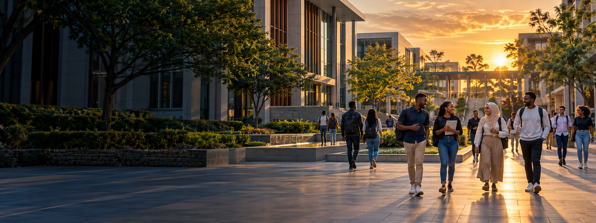 Students walking through a modern university campus