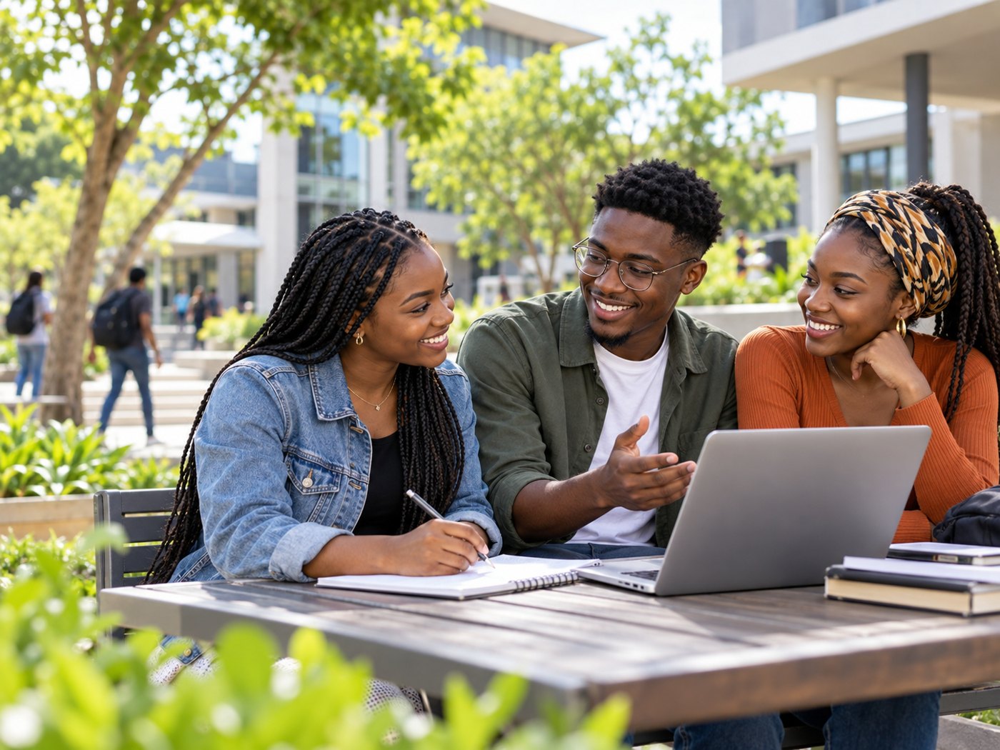 Learners discussing study opportunities on a university campus